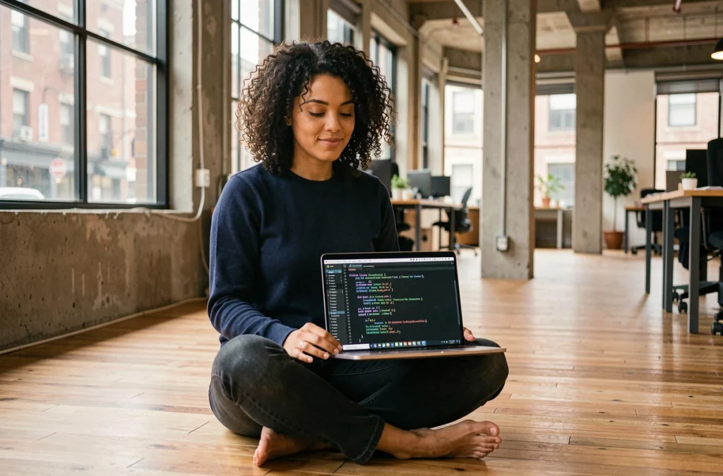 Développeuse travaillant sur un shell bash avec navigation de répertoires dans un espace de coworking industriel