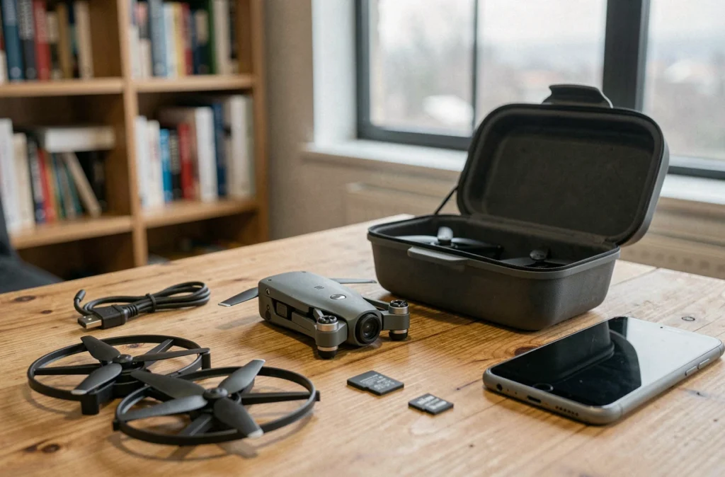 Drone caméra compact posé sur une table en bois avec ses accessoires, cas de transport ouvert et pièces détachées pour choisir le meilleur modèle en 2026