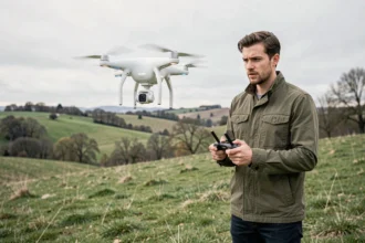 Homme tenant une télécommande de drone caméra compact au-dessus d'une colline verdoyante, idéal pour un rendu cinéma à petit prix en 2026