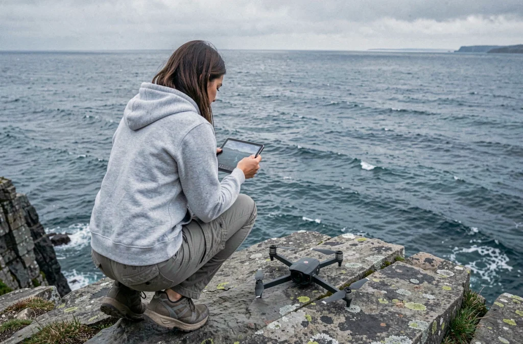 Femme visionnant des images de drone sur une tablette au bord d'une falaise côtière, drone caméra compact posé à côté pour un rendu cinéma accessible en 2026