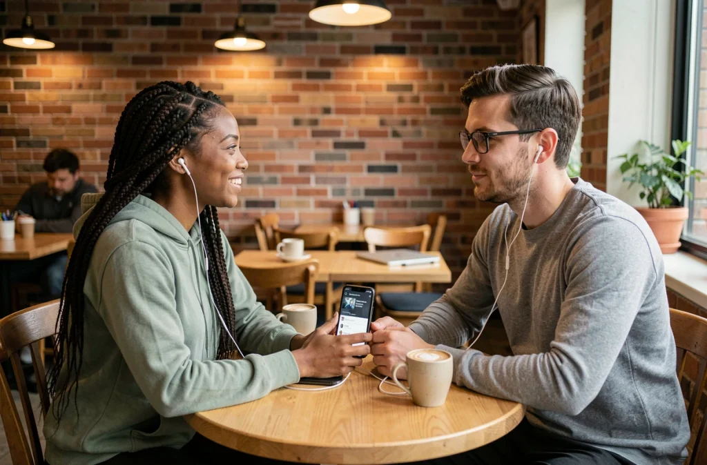 Deux jeunes adultes écoutant ensemble un podcast sur l'innovation dans un café moderne
