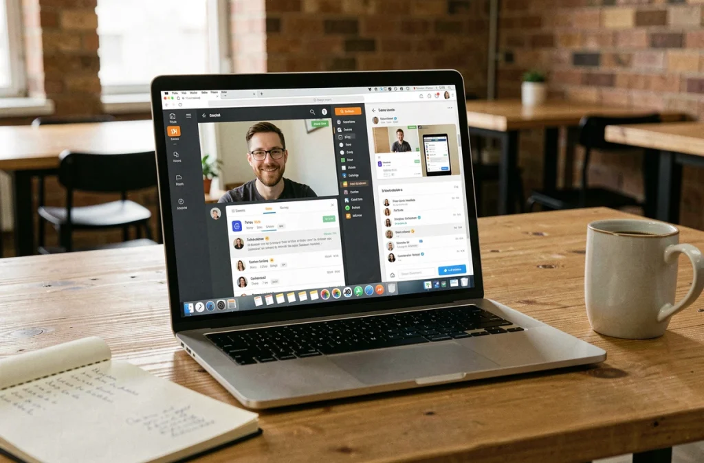 Écran d'ordinateur affichant une session de webinaire sur un logiciel avec notes manuscrites et café dans un espace de coworking
