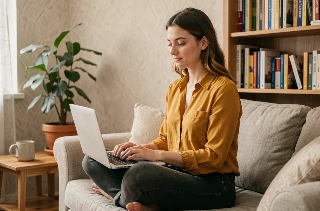 Jeune enseignante gérant ses mails de cours depuis son bureau à domicile sur un ordinateur portable