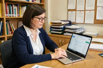Enseignante connectée à son webmail académique sur un ordinateur portable dans une salle des professeurs