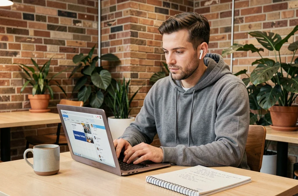 Entrepreneur masculin travaillant sur une stratégie de réseaux sociaux pour une marque tech dans un espace de coworking