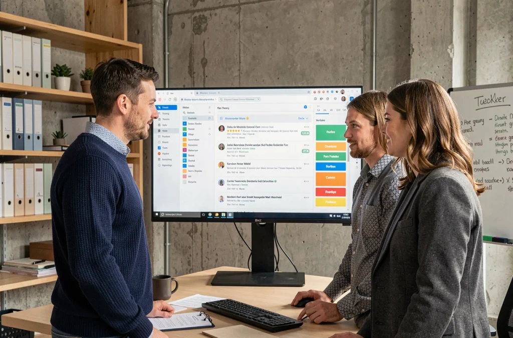Équipe de professionnels collaborant autour d'un écran affichant une interface de messagerie web partagée au bureau