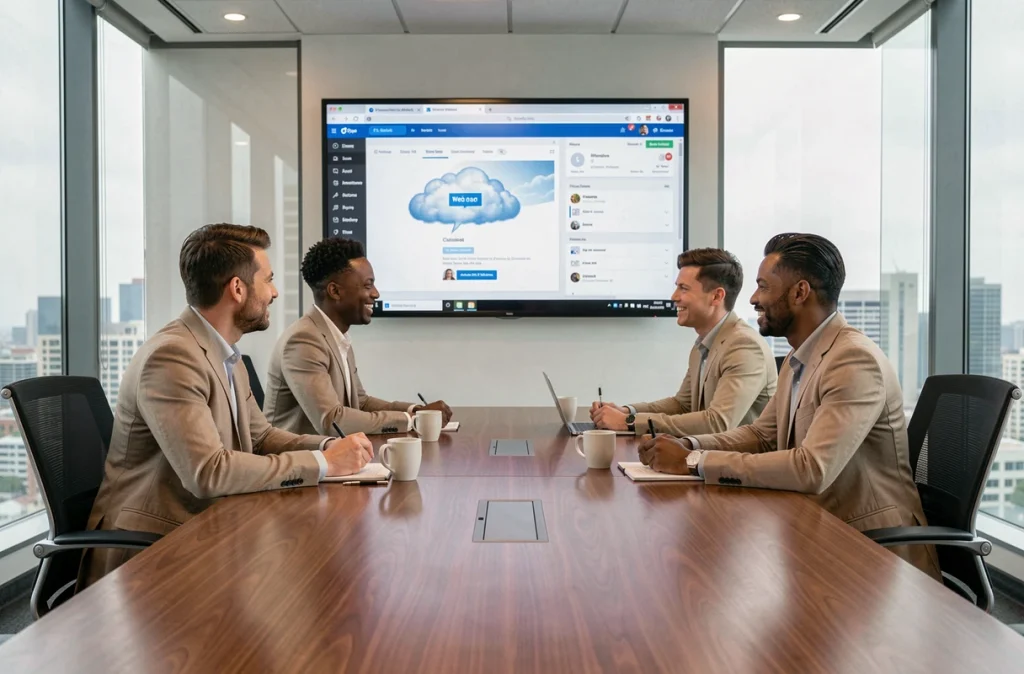 Équipe d'entreprise partageant des fichiers via une plateforme de stockage cloud lors d'une réunion en salle de conférence