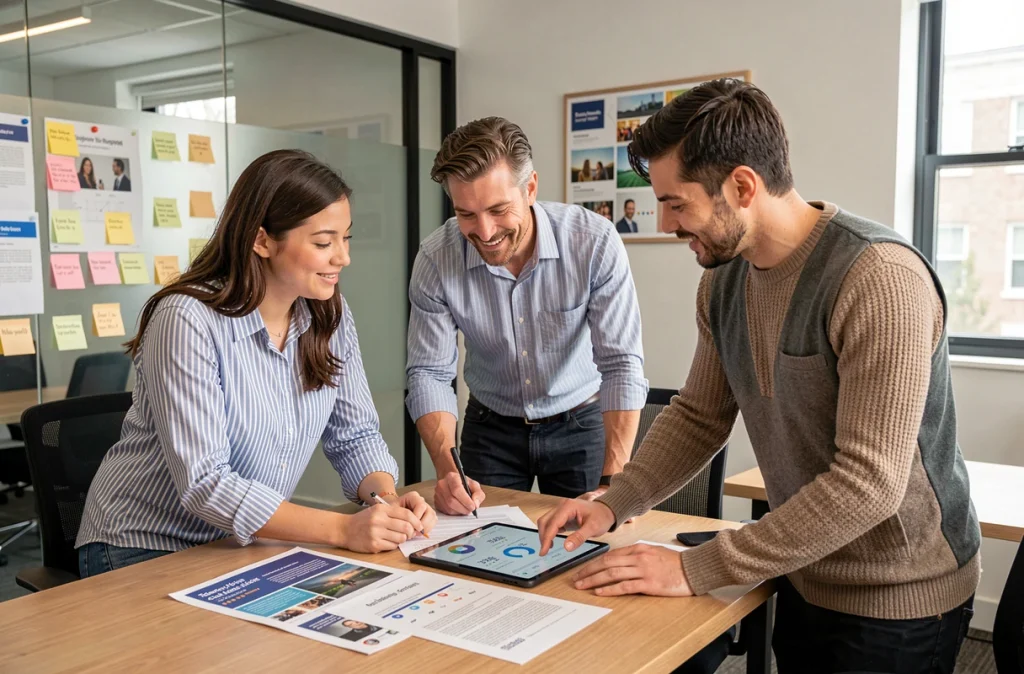 Équipe marketing diversifiée collaborant sur une campagne de réseaux sociaux pour une entreprise technologique