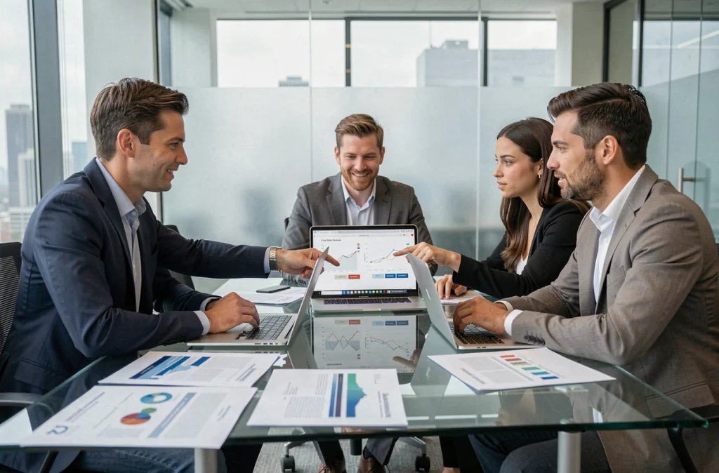 Équipe de professionnels en réunion analysant des données d'intelligence artificielle pour optimiser une stratégie marketing digitale