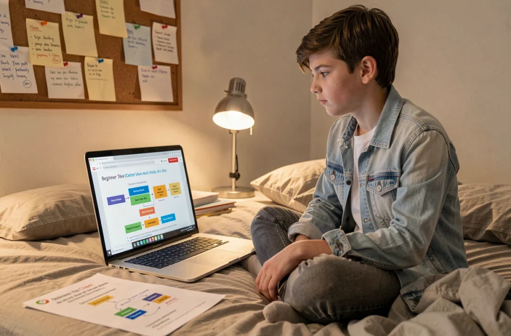Étudiant débutant en HTML et CSS apprenant à centrer du contenu dans une div avec un tutoriel web et une fiche imprimée