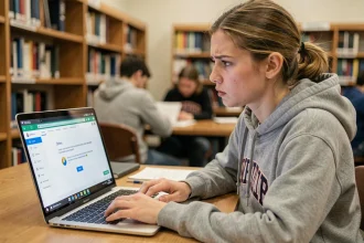 Étudiante frustrée face à un problème de connexion Zimbra sur son ordinateur portable dans une bibliothèque universitaire