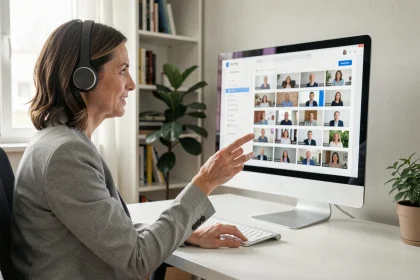 Femme en blazer gris animant un webinaire depuis son bureau à domicile devant un écran affichant une interface logicielle