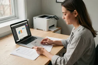 Femme consultant des documents imprimés et un logiciel de mise en page sur ordinateur portable dans un bureau moderne