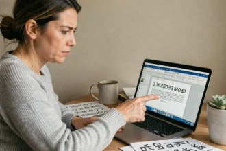 Femme au bureau regardant un document Word avec texte en miroir illisible sur son écran d'ordinateur portable
