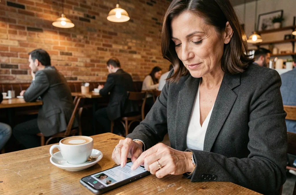 Femme consultant les caractéristiques d'un iPhone dans un café pour faire le meilleur choix lors d'un premier achat Apple