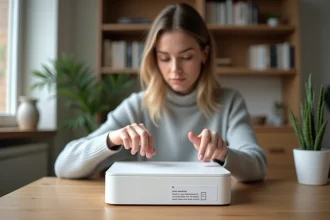 Femme tenant une box Bbox et regardant l'étiquette sous la box pour trouver le code WiFi