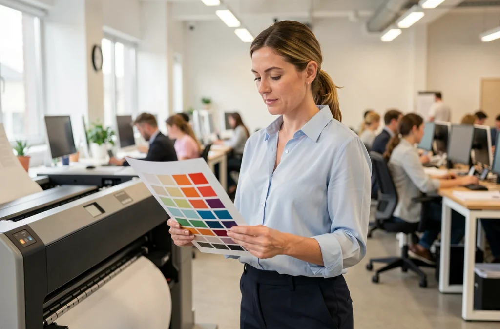Femme professionnelle évaluant une impression couleur A3 d'une imprimante à réservoir d'encre dans un open space