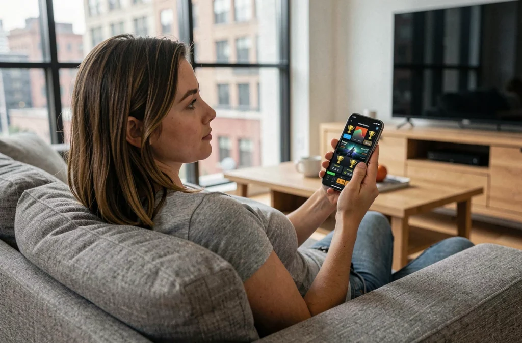Femme utilisant une application de récompenses Games Prime sur smartphone dans un salon moderne