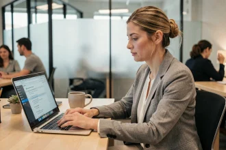 Femme professionnelle gérant ses emails sur un ordinateur portable dans un bureau moderne pour réduire le stress au travail