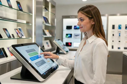 Jeune femme interagissant avec un kiosque chatbot dans une boutique high-tech moderne