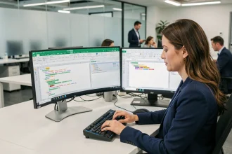 Femme professionnelle utilisant des macros Excel dans un bureau moderne avec deux écrans affichant du code VBA