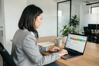 Femme utilisant une interface de messagerie collaborative Mélanie Web sur un ordinateur portable dans un bureau moderne