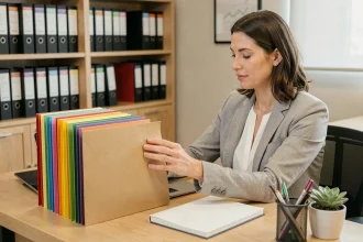 Femme organisant des dossiers colorés sur un bureau en bois dans un bureau moderne
