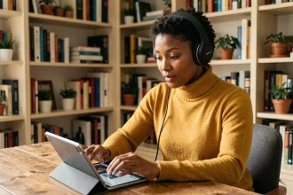 Femme écoutant un podcast sur la technologie avec un casque audio dans un bureau à domicile chaleureux