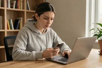Jeune femme consultant son smartphone avec une expression prudente, illustrant les questions d'anonymat sur Instagram et Storiesig