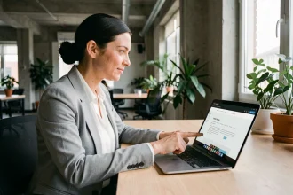 Femme pointant un fil d'Ariane sur un site web affiché sur un ordinateur portable dans un bureau moderne