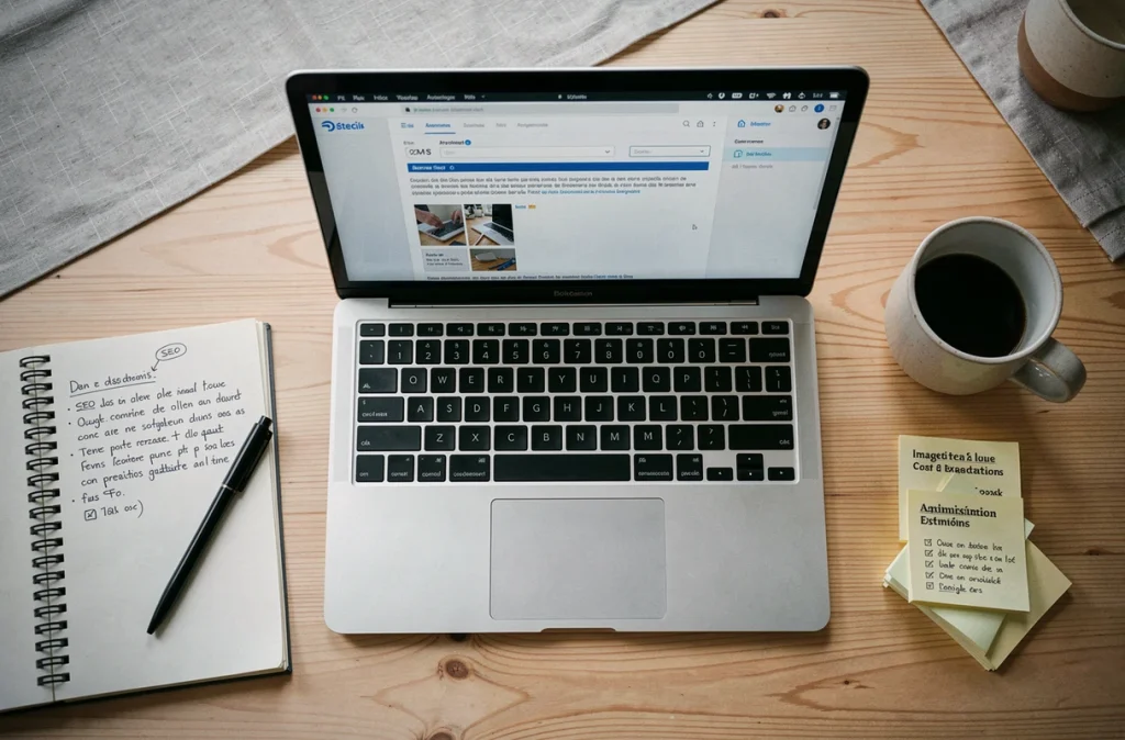 Vue aérienne d'un bureau avec un ordinateur affichant le champ de saisie de balise alt dans un CMS entouré de notes SEO manuscrites