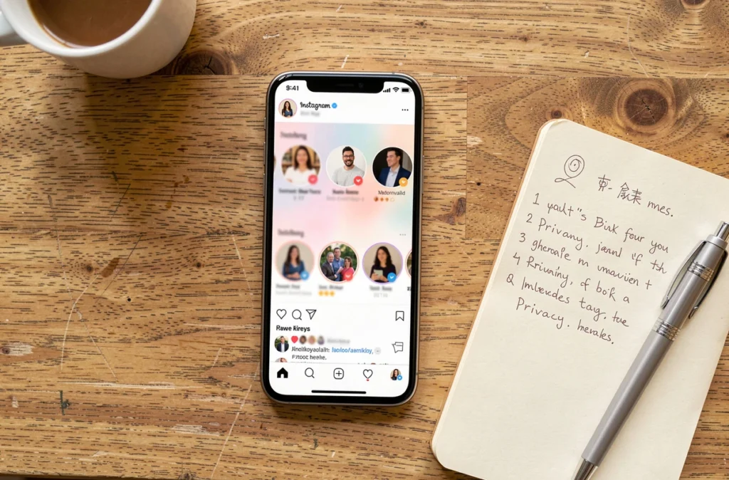 Vue aérienne d'un smartphone affichant Instagram posé sur une table avec un carnet de notes, symbolisant la recherche sur l'anonymat et la confidentialité en ligne