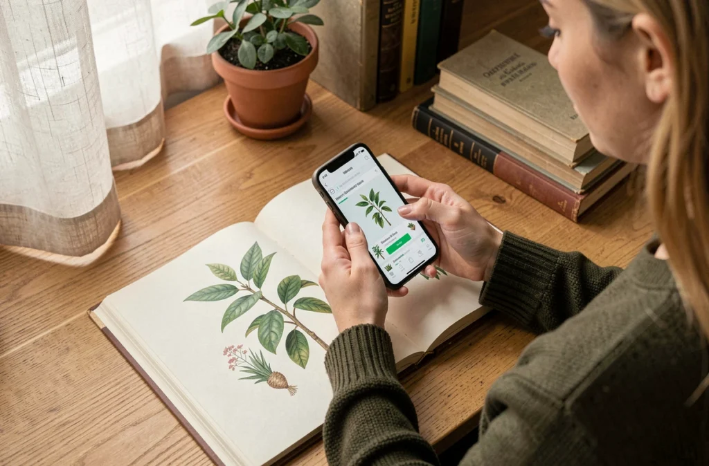 Jeune femme utilisant Google Lens pour identifier une plante à partir d'une illustration dans un livre posé sur un bureau à domicile