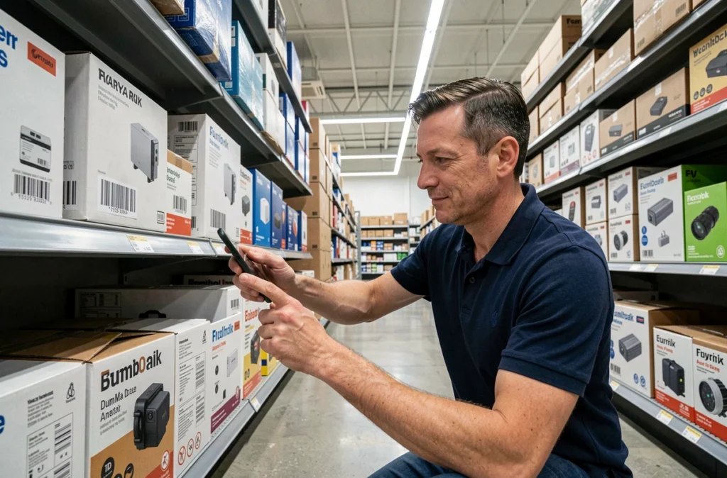 Homme utilisant Google Lens pour scanner un code-barres et comparer les prix d'un produit dans un magasin de bricolage