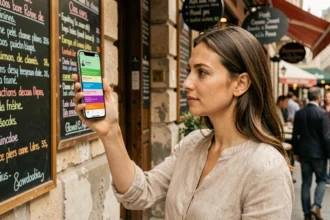 Femme utilisant Google Lens sur son smartphone pour traduire un menu de restaurant en français dans la rue à Paris