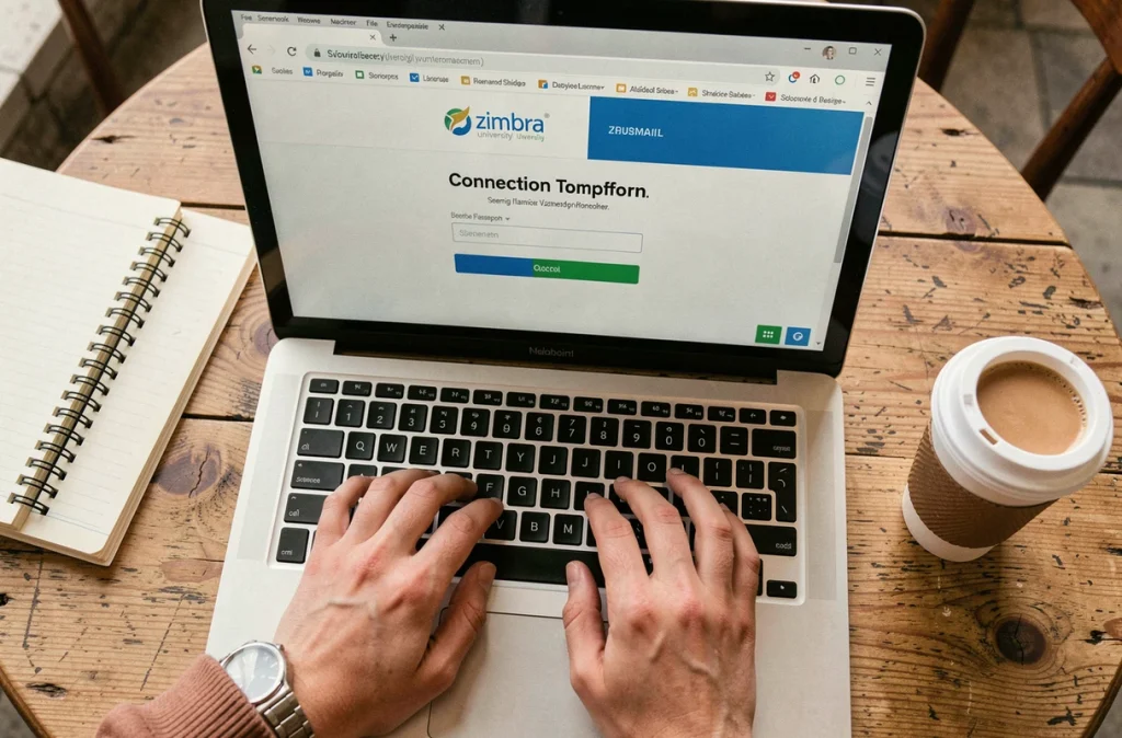 Gros plan sur un ordinateur portable affichant une erreur de connexion à la messagerie Zimbra universitaire
