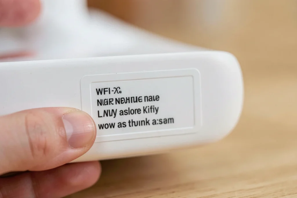 Gros plan sur l'étiquette collée sous une Bbox avec le nom du réseau WiFi et le mot de passe imprimés