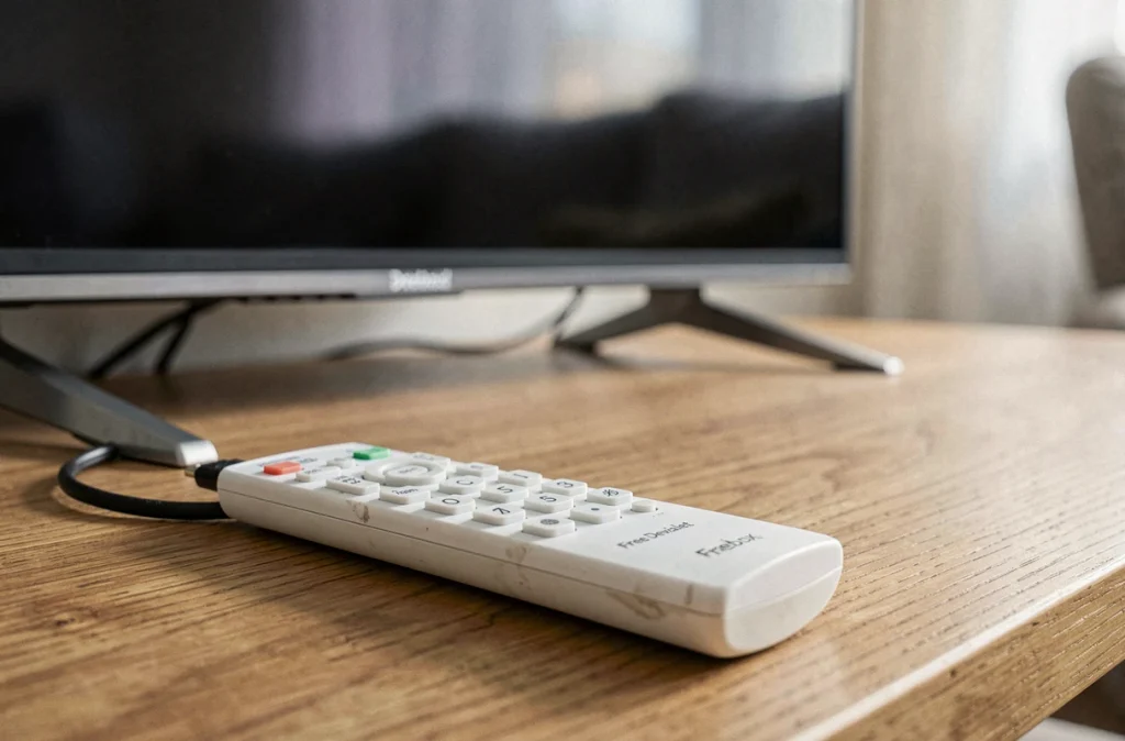 Gros plan sur une télécommande Free posée sur une table basse avec câble HDMI et télévision en arrière-plan flou
