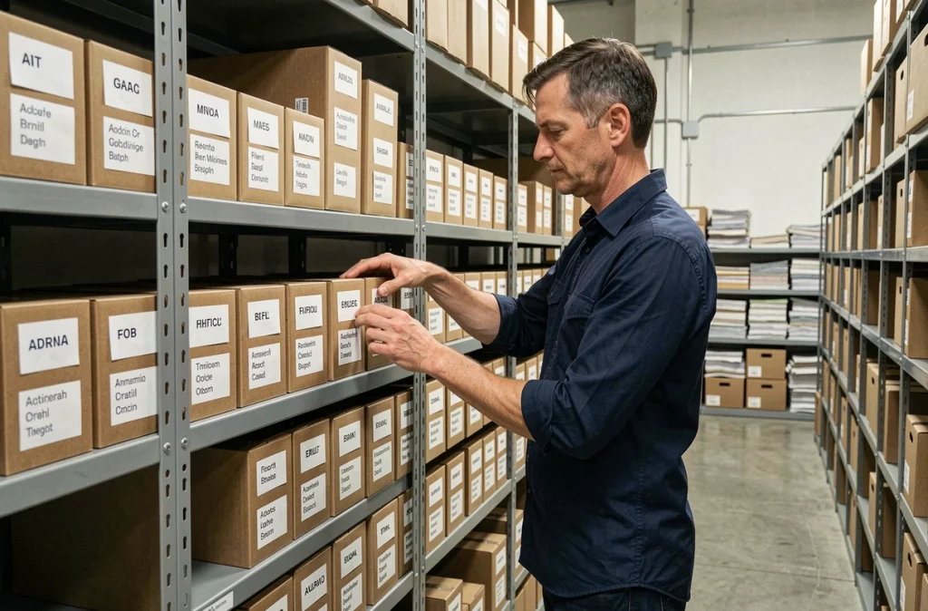 Homme classant des boîtes de documents étiquetées dans une salle d'archives professionnelle