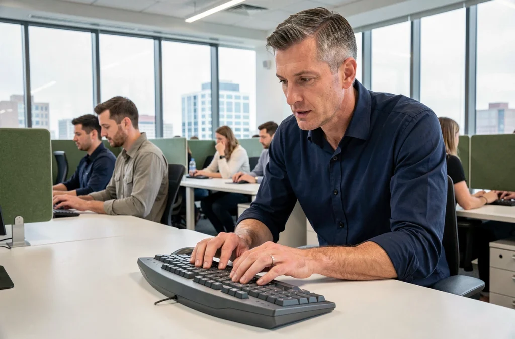 Homme en chemise bleue tapant sur un clavier ergonomique courbé dans un bureau open space animé