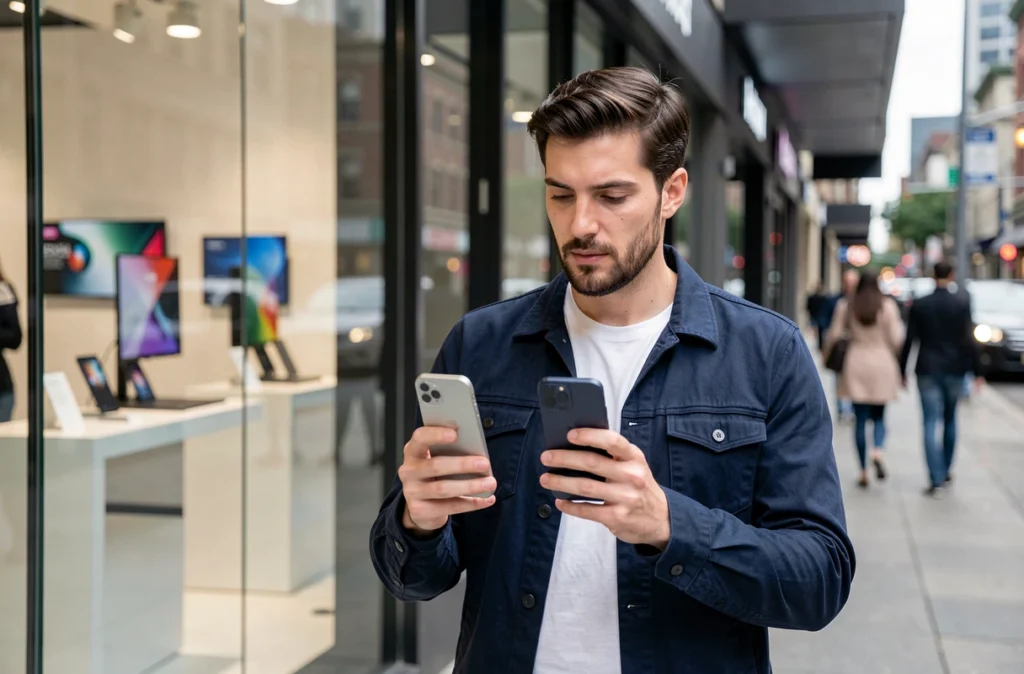 Homme comparant deux modèles d'iPhone devant une boutique électronique en ville pour choisir le meilleur modèle en 2026