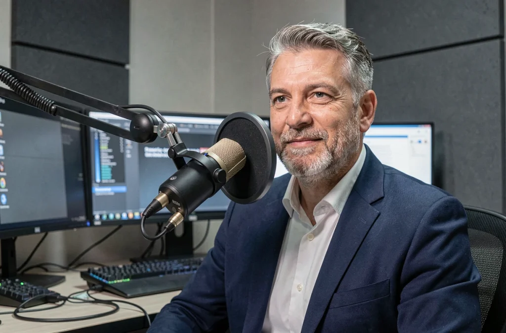 Homme enregistrant un podcast technologique devant un microphone professionnel dans un studio acoustique
