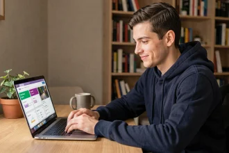 Jeune homme consultant les récompenses de Games Prime sur son ordinateur portable dans un bureau à domicile