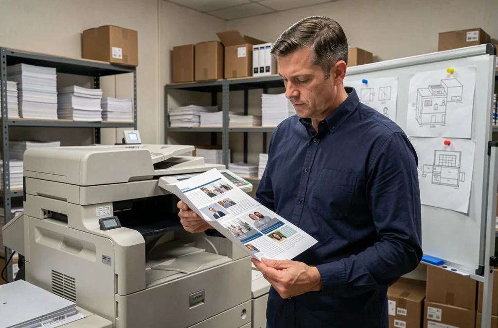 Homme examinant une brochure imprimée avec mise en page avancée dans une salle d'impression professionnelle