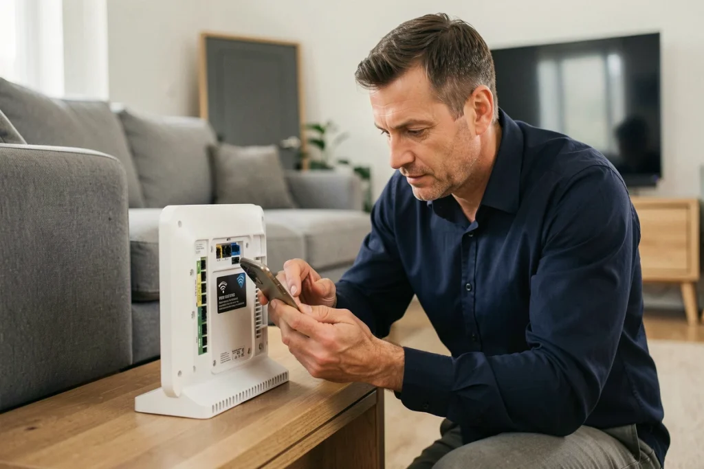 Homme photographiant avec son smartphone l'étiquette WiFi au dos de sa Bbox dans un salon