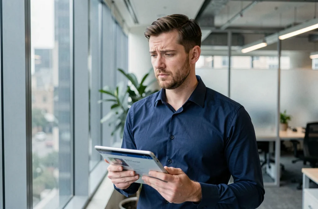 Homme en bureau moderne tenant une tablette affichant un réseau social, évoquant la confidentialité et l'anonymat des utilisateurs Instagram