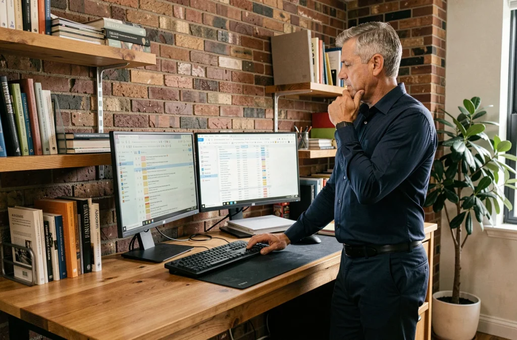 Homme en télétravail debout devant un double écran gérant un volume important d'emails professionnels à domicile