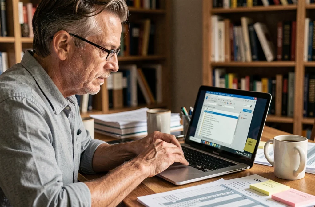Homme en télétravail analysant une boîte de dialogue de macro Excel sur son ordinateur portable dans un bureau à domicile