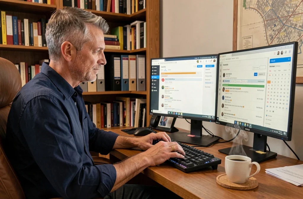 Homme en télétravail utilisant un tableau de bord de messagerie collaborative Mélanie Web sur deux écrans dans un bureau à domicile