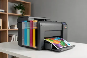 Imprimante à réservoir d'encre posée sur un bureau de bureau à domicile avec cartouches de couleurs visibles et document imprimé